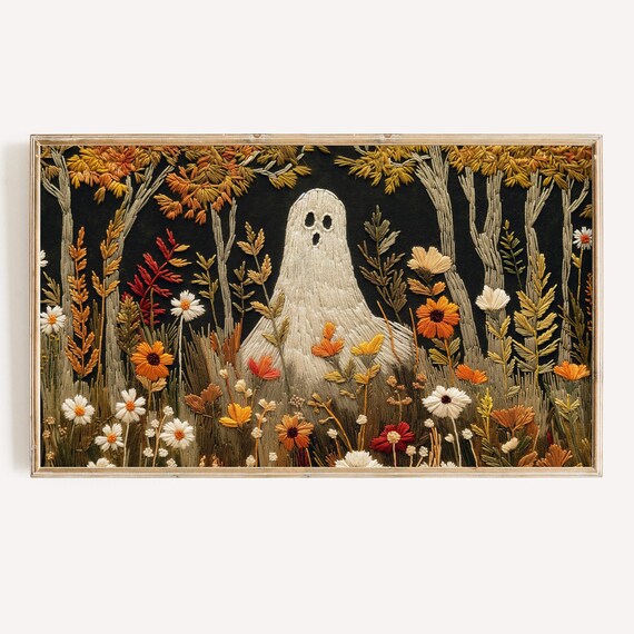 Embroidered Ghost Autumn Garden Dark Background Cottagecore Poster
