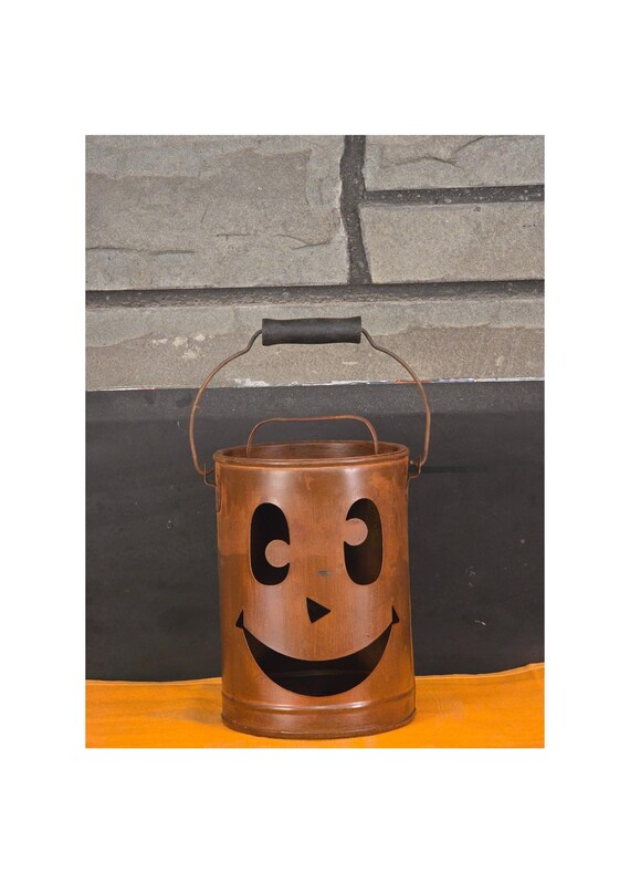 Metal Jack O Lantern Face Bucket Rustic Copper Halloween Candy Pail Decor