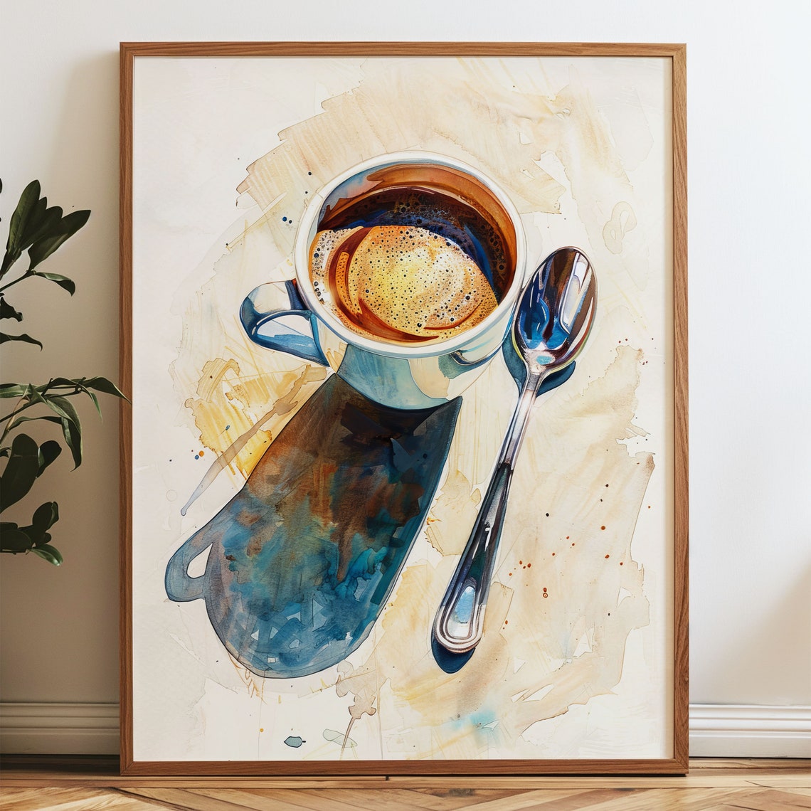 Watercolor Espresso Coffee Cup Art Top View Kitchen Wall Art