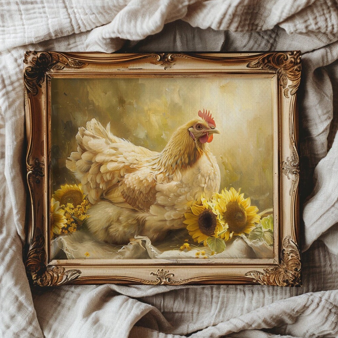 Chicken Wall Art Cottagecore Rooster Sunflower Painting Chicken And Sunflower Oil Painting Chicken Farm Decor Farmhouse