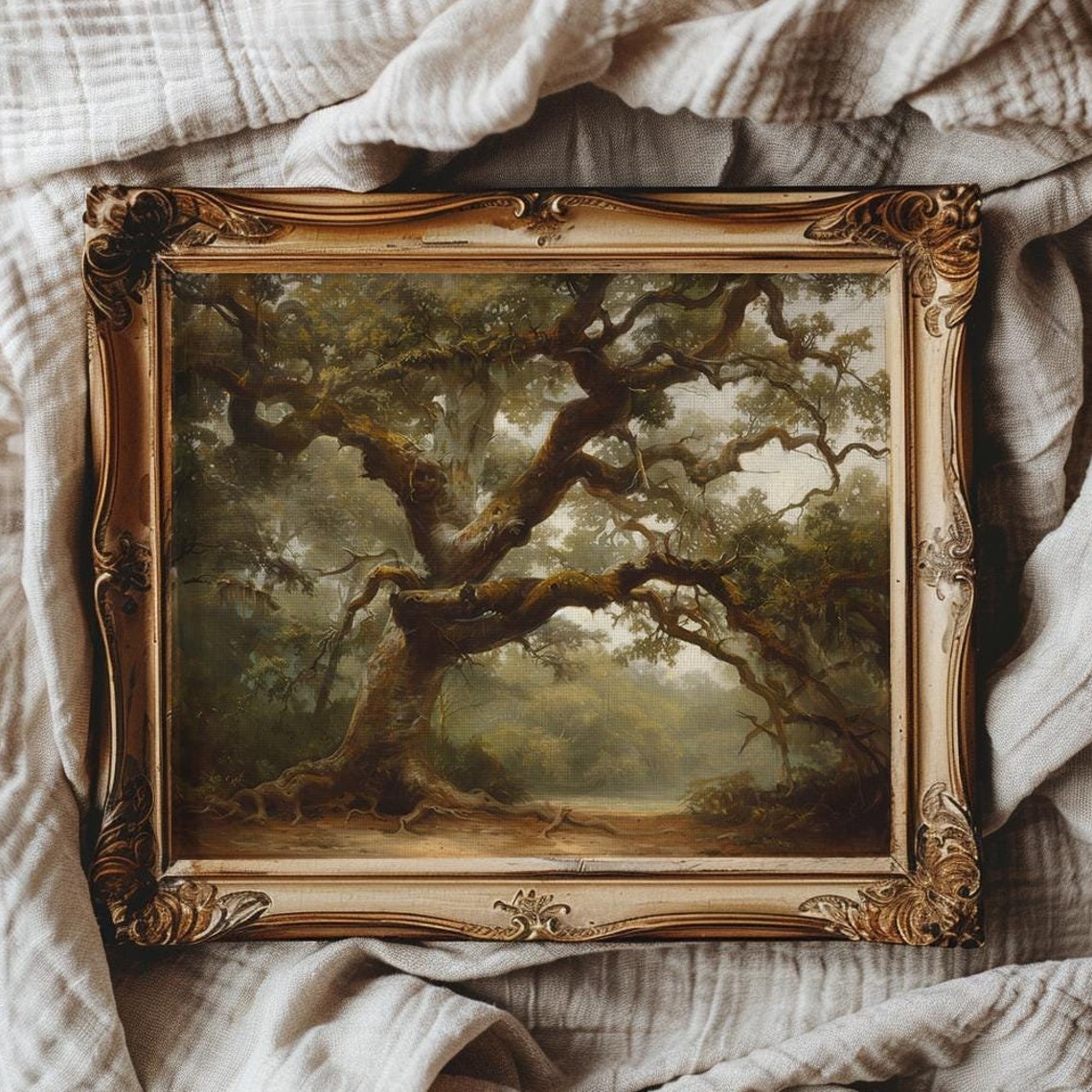 Ancient Twisted Live Oak Tree In Misty Forest Oil Painting Poster