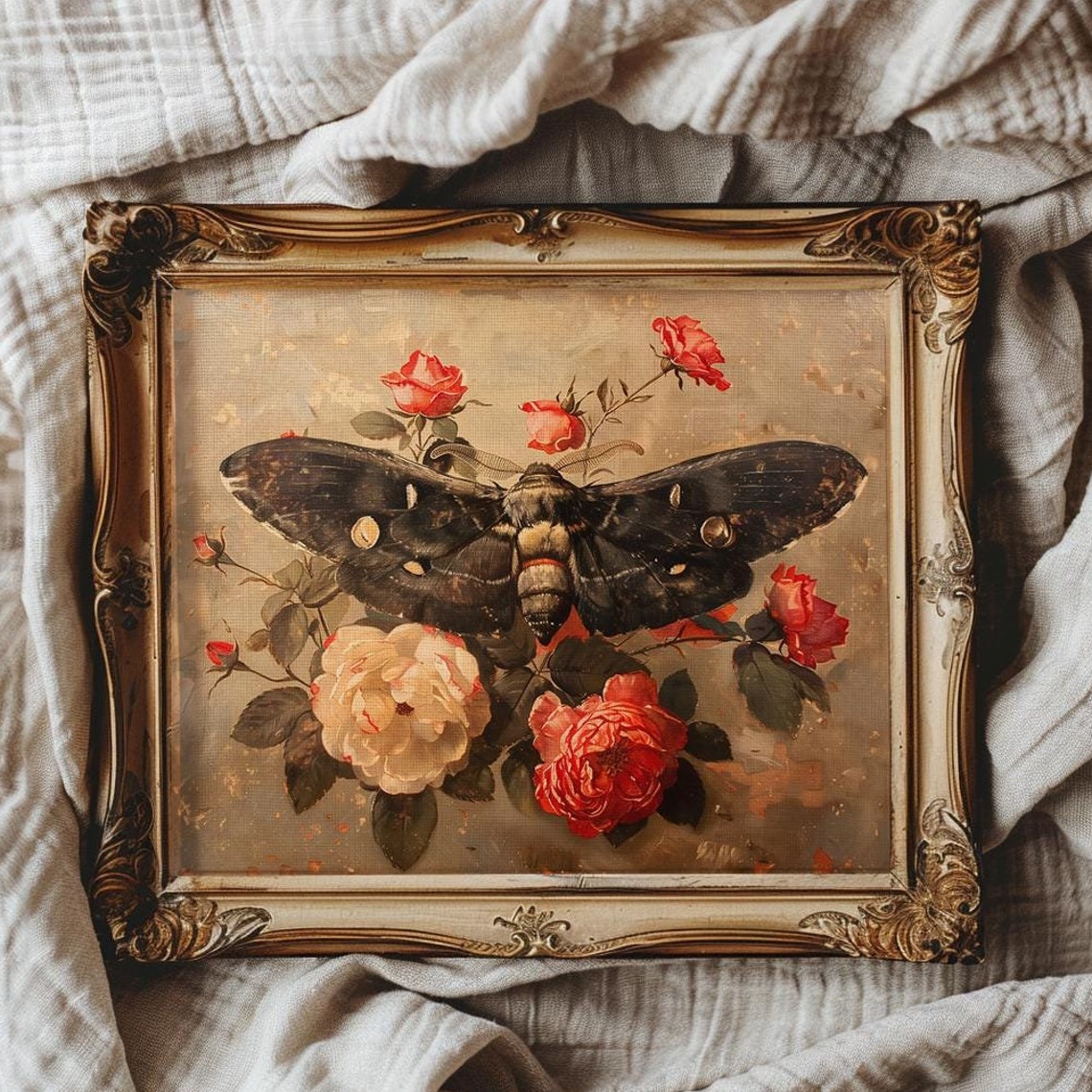 Large Dark Moth With Red Roses Vintage Botanical Goth Art Print
