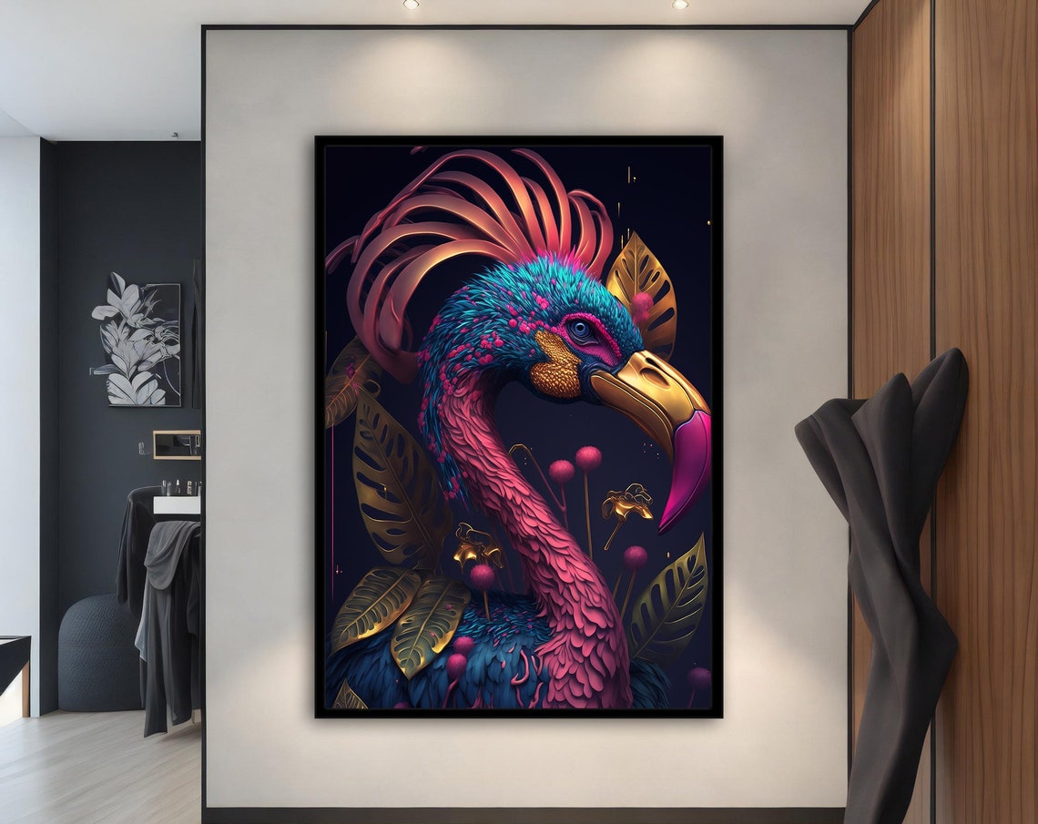 Fantasy Flamingo Teal Gold Feathers Dark Tropical Bird Art Wall Poster