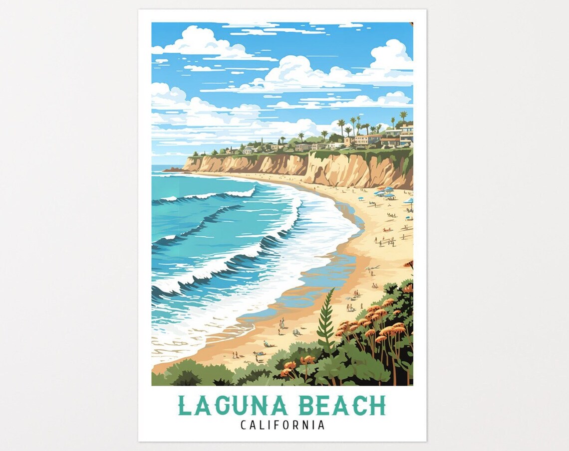 Laguna Beach California Surf Waves Wildflowers Cliff Travel Poster