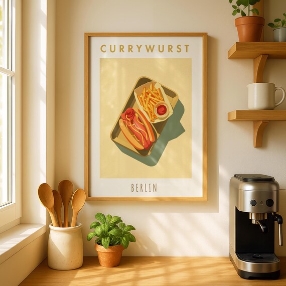 Currywurst Berlin Retro Street Food Illustration Fries Kitchen Art Poster