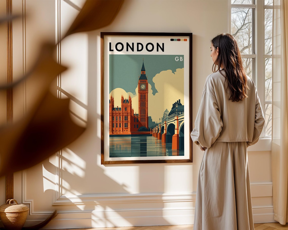 London GB Big Ben Westminster Bridge Retro Sunset Travel Art Poster