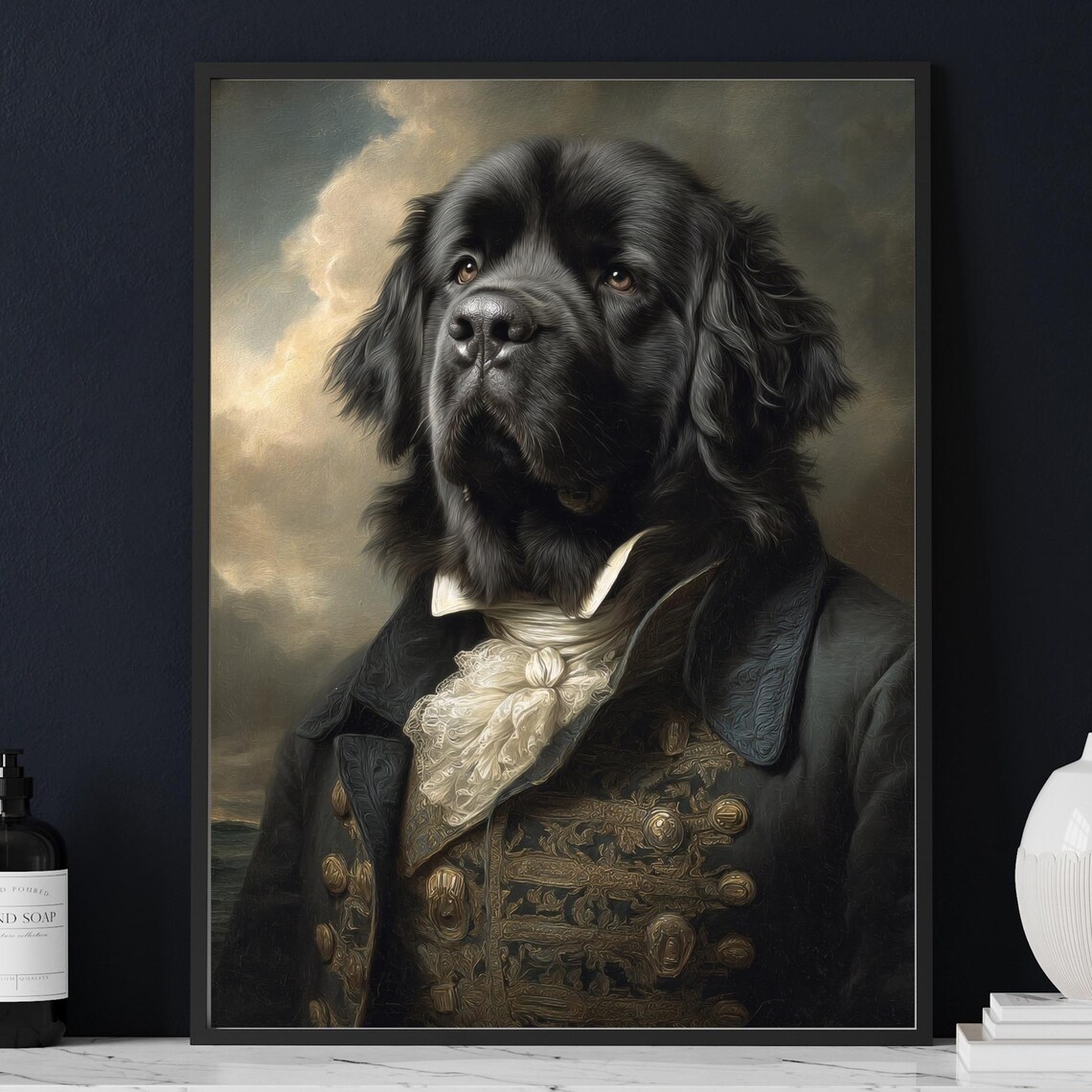 Newfoundland Dog Captain Print Royal Pet Portrait Oil Painting Vintage Naval Art Dark Academia Gallery Wall Newfie Lover Gift