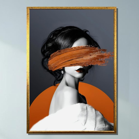 Modern Abstract Woman Orange Brushstroke Eyes Gray Minimalist Art Poster