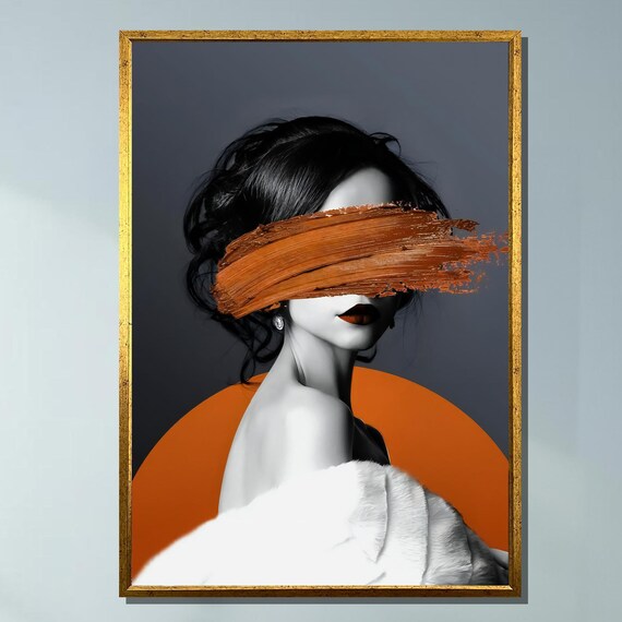 Modern Abstract Woman Portrait With Bold Orange Brushstroke Contemporary Minimalist Canvas Art For Fashionable Home Or Office Decor