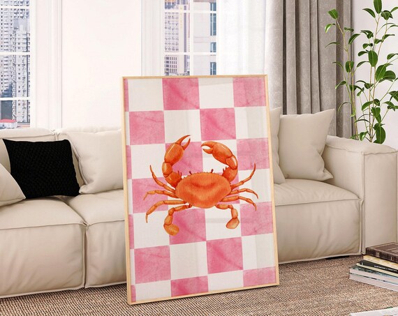 Trendy Pink Checked Lobster Cottagecore Poster Beach Prints Crab Wall Art Lakehouse Art Coastal Wall Art Nautical Decor