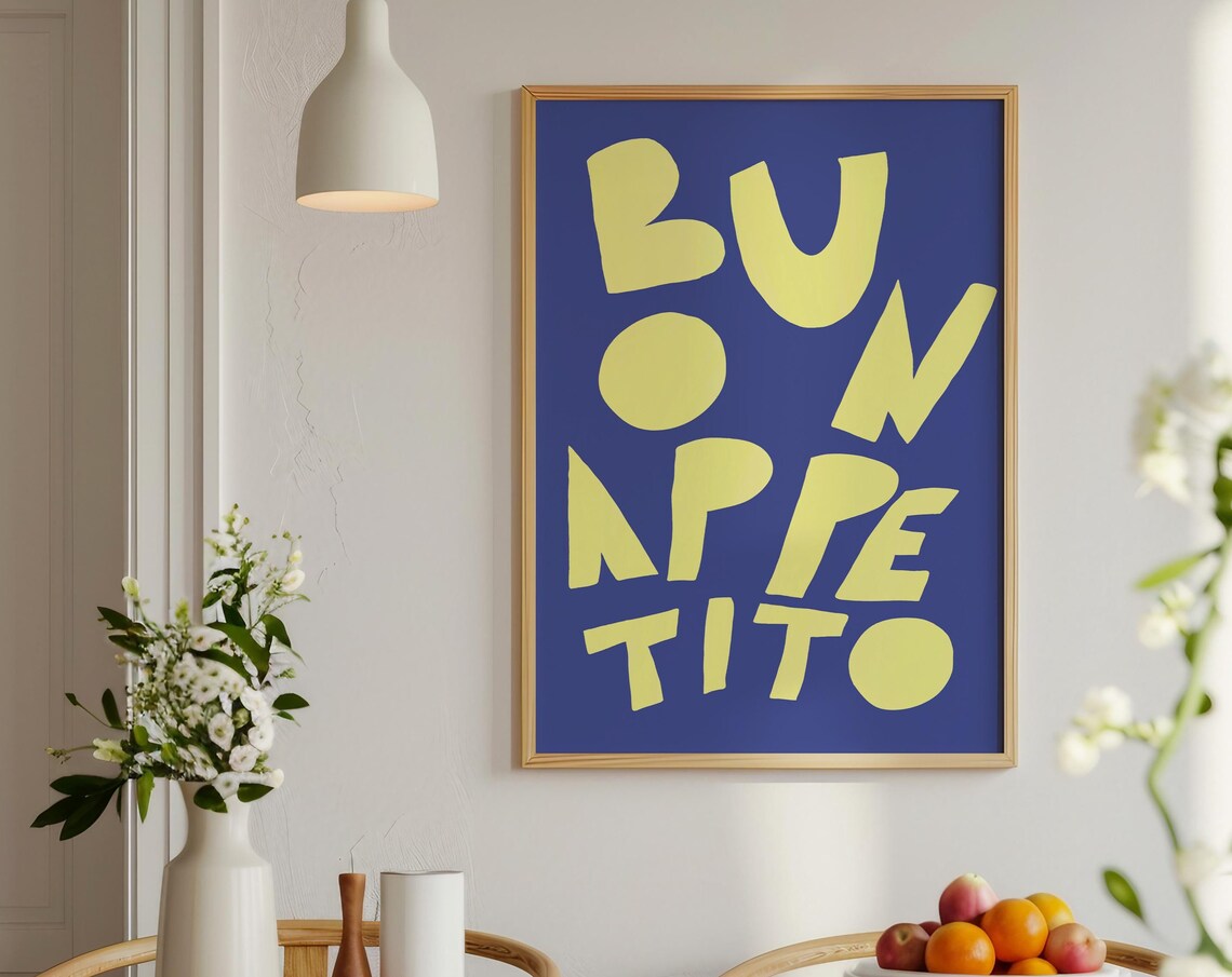 Buon Appetito Yellow Lettering Cobalt Blue Italian Kitchen Poster