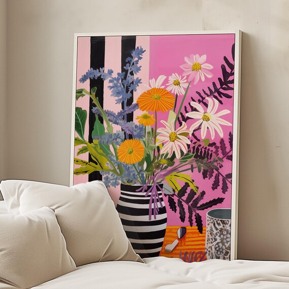 Eclectic Still Life Poster Bold Floral Vase With Stripes Art Print Illustration Living Room Drawing And