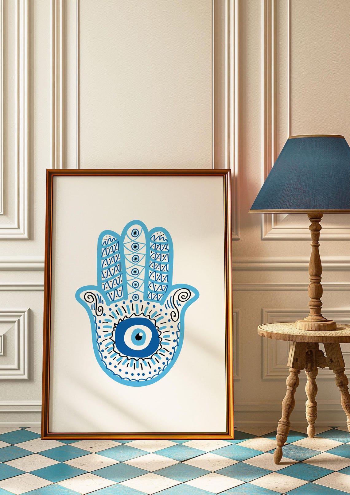 Blue Hamsa Hand Evil Eye Mandala Protection Symbol Art Print - Image 2
