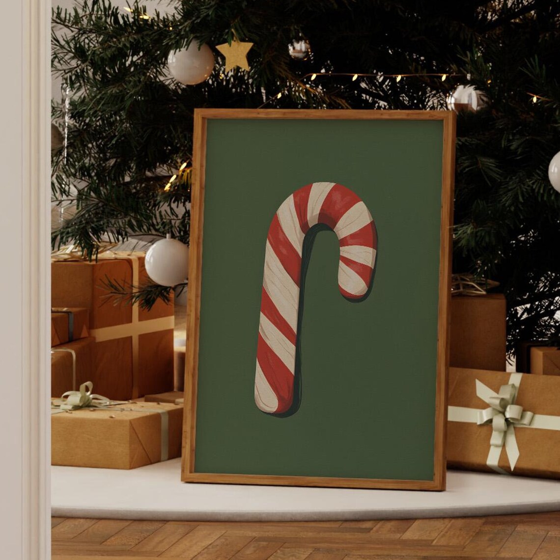 Candy Cane Red White Minimalist Christmas Green Holiday Art Print