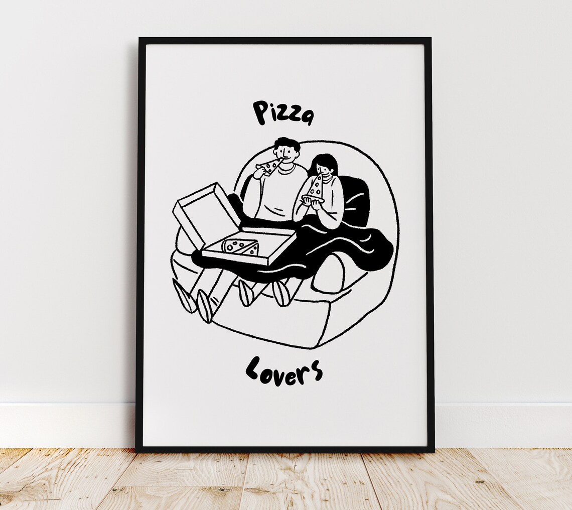 Pizza Lovers Cute Couple Couch Doodle Black White Food Poster - Image 3