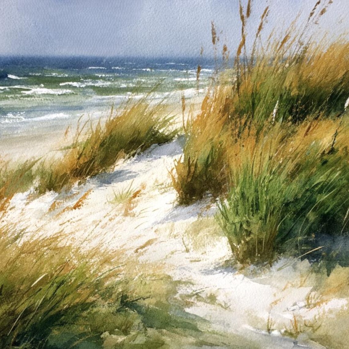 Beach Dune Art Print, Coastal Watercolor Shoreline