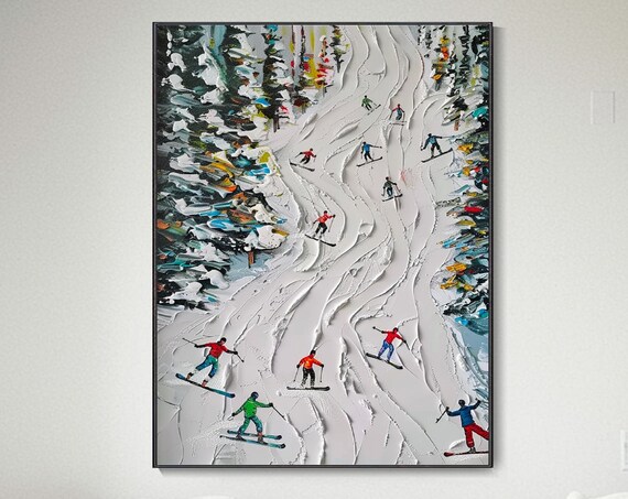 Original Ski Sport Painting On Custom Painting Texture Wall Art Personalized Gift Skier On Snowy Mountain Art White Snow Skiing Art