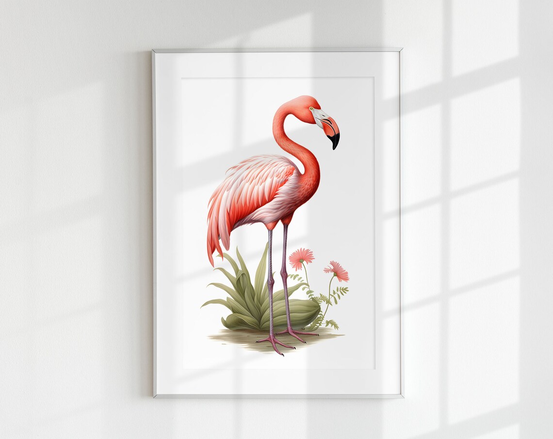 Flamingo Botanical Guide Bird Poster Print