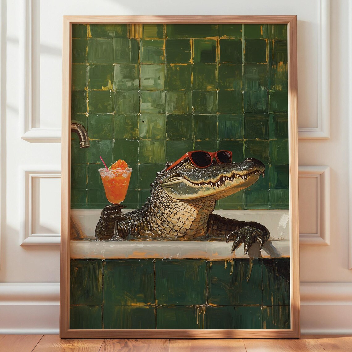 Crocodile Bathroom Cocktail Art Print, Vertical