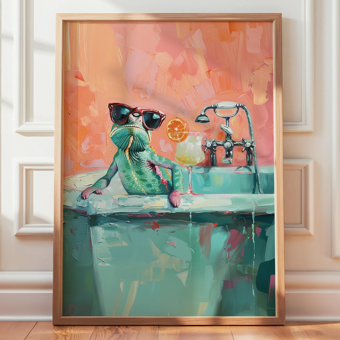 Chameleon Cocktail Bathroom Art Print, Tropical Decor