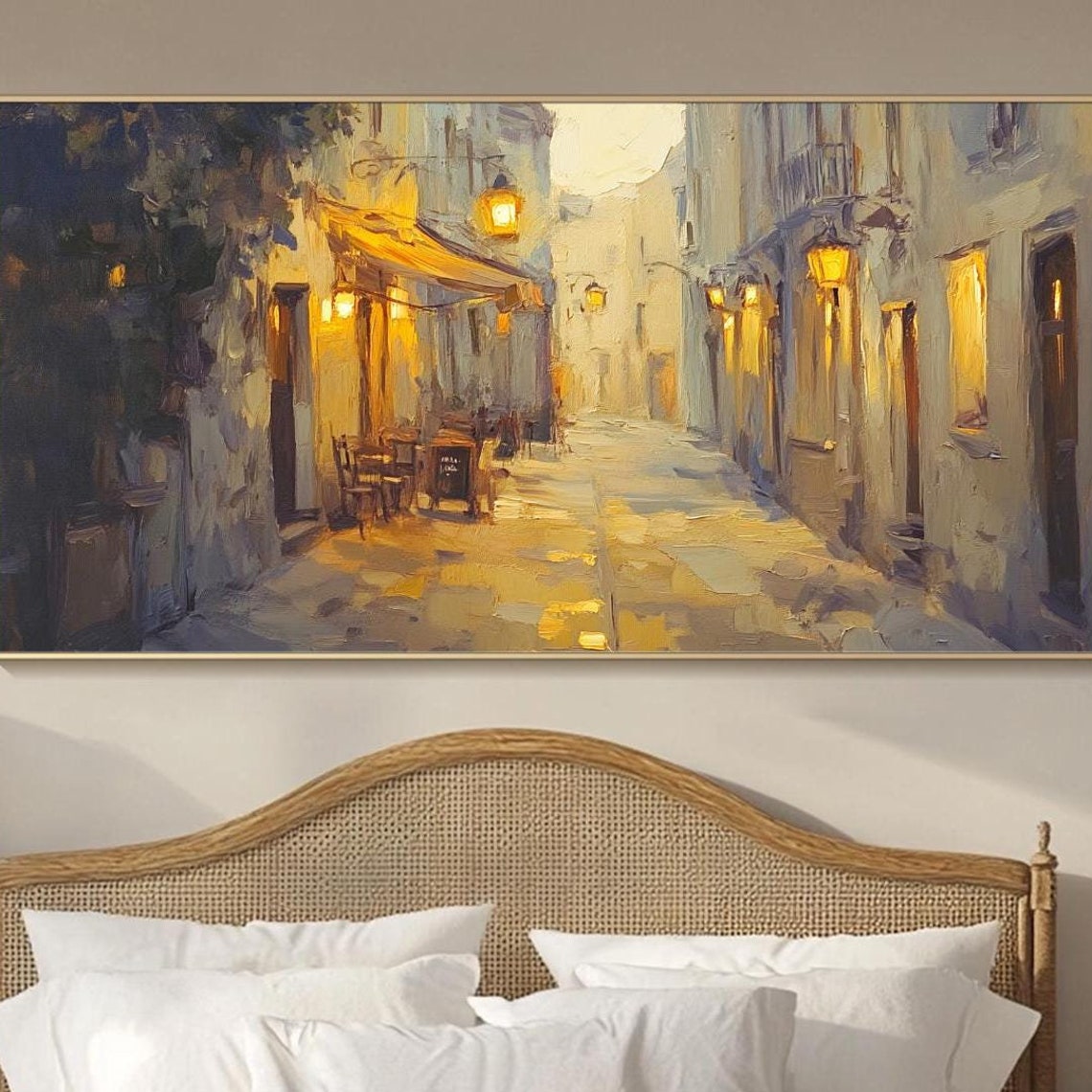 Evening Old Town Street With Glowing Lanterns And Cafes Wall Art