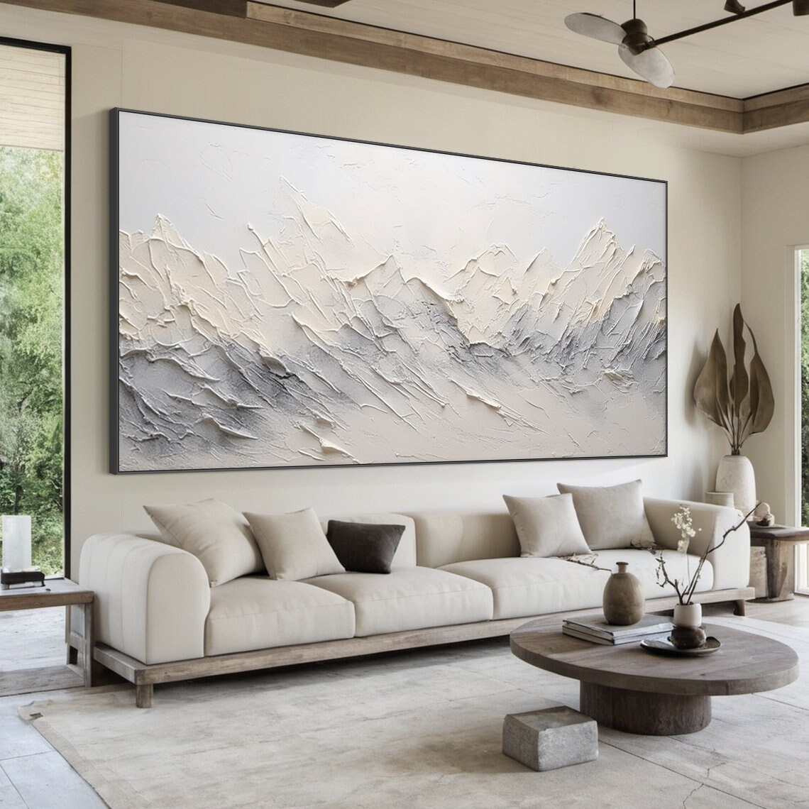 White Grey Mountain Peaks Impasto Painting Abstract Alpine Wall Art - Image 3