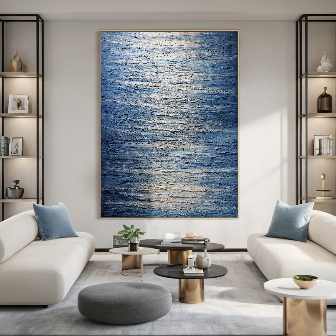 Large Blue Abstract Painting Blue Wabi Sabi Style Wall Art Blue Accents Textured Hand Painted Modern Art Wall Decor - Image 5