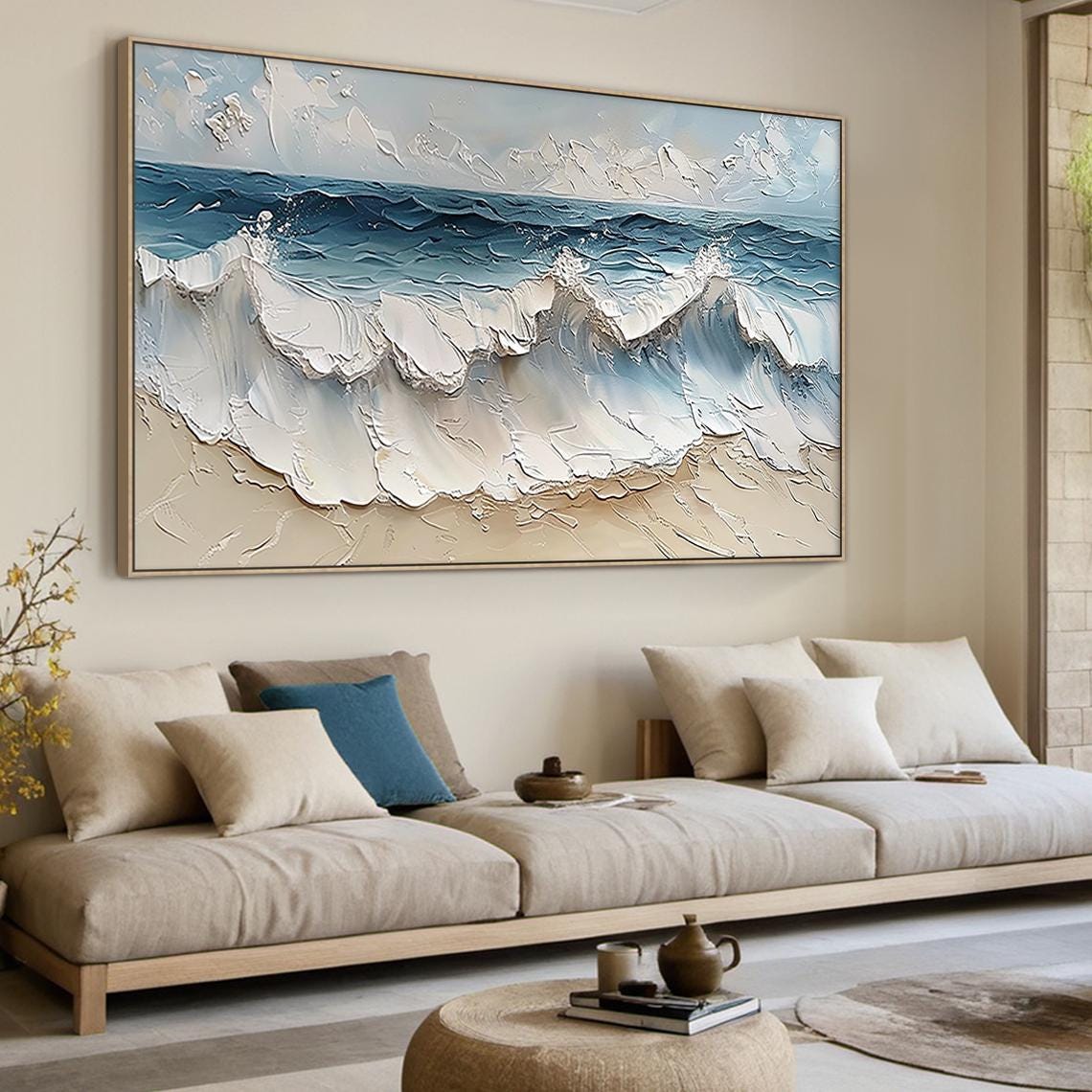 White Blue Sea Foam Wave Rolling Sandy Beach Textured Art Poster - Image 2