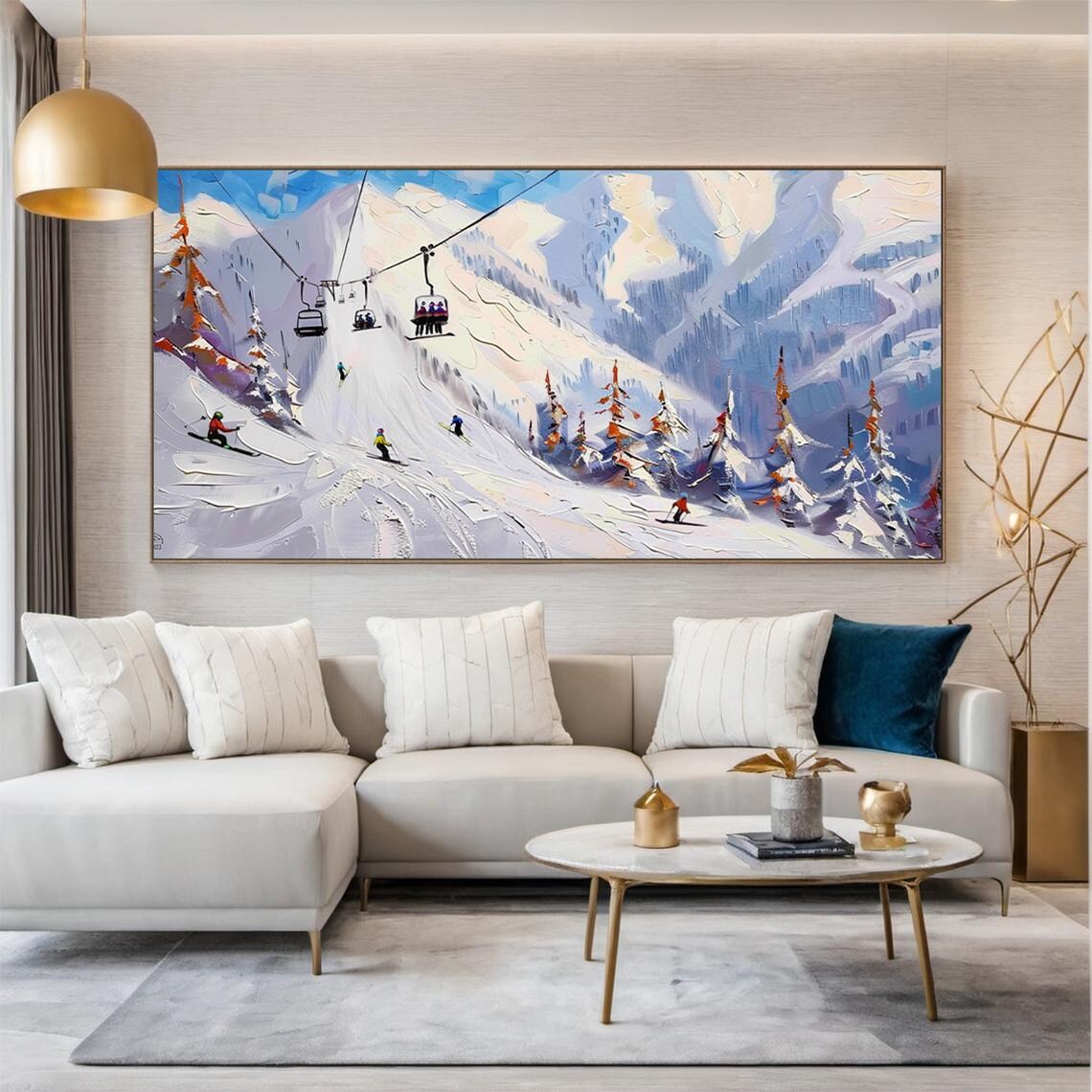 Ski Resort Chairlift Snowy Slopes Oil Painting Winter Sports Poster - Image 2