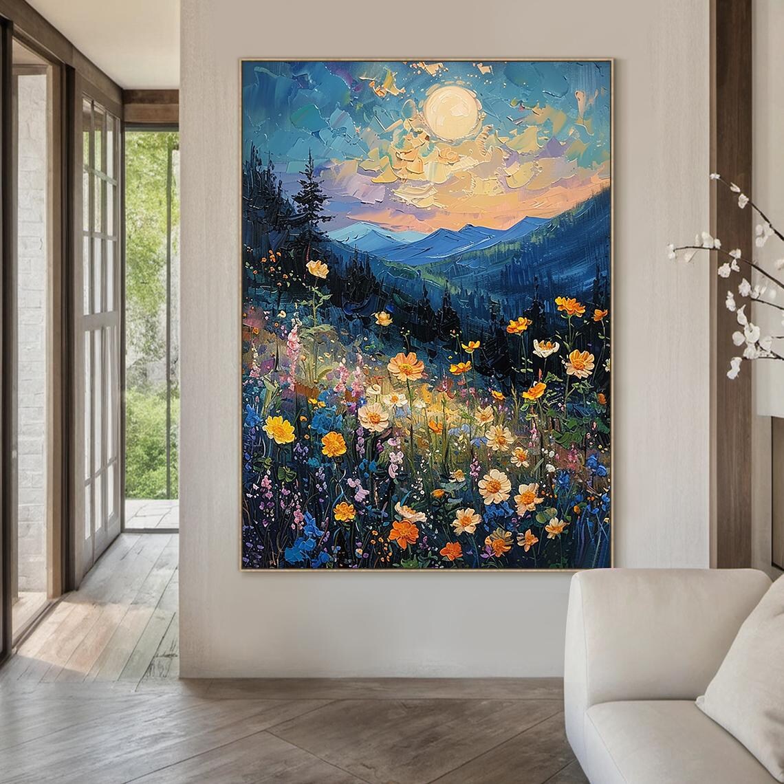 Sunlit Colorful Wildflower Meadow Blue Mountains Impasto Nature Poster - Image 6