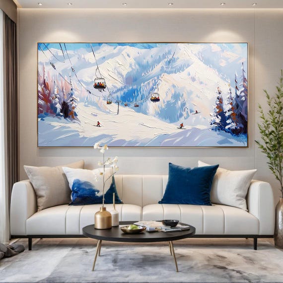 Original 3d Ski Sport Art Blue White Textured Wall Art Skier Gift White Skis And Cable Car Painting Modern Skier Painting