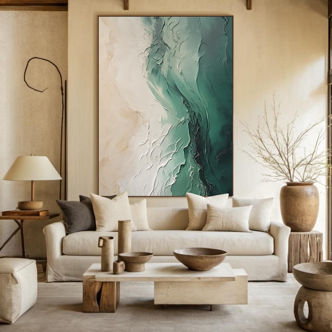 Minimalist 3d Wall Art Green And Beige Abstract Painting Nature Inspired Modern Design Sophisticated Home Interior Decoration - Image 4