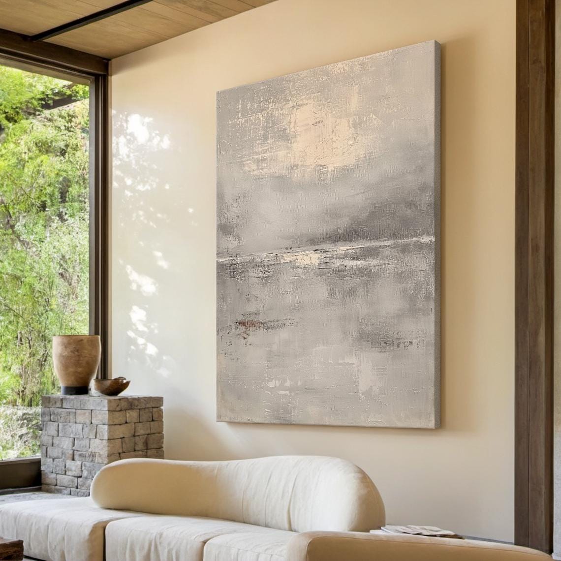 Beige Grey Misty Horizon Abstract Landscape Soft Neutral Wall Art - Image 5