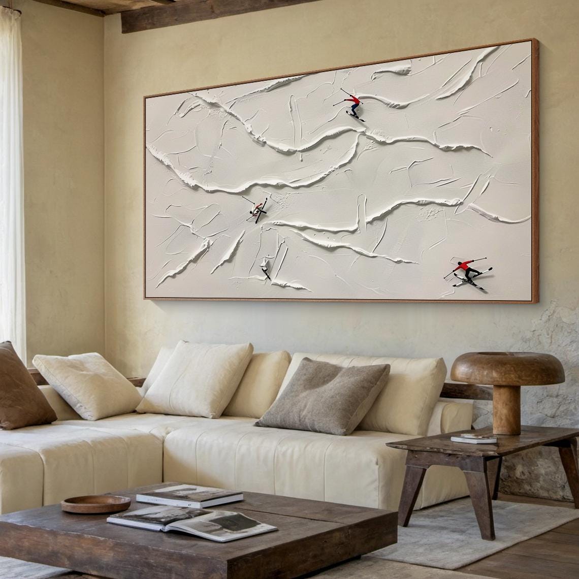 Large Beige Ski Oil Painting Decorative Painting Original Skier Handmade Gift Beige Abstract Ski Art Modern Living Room Decoration - Image 4