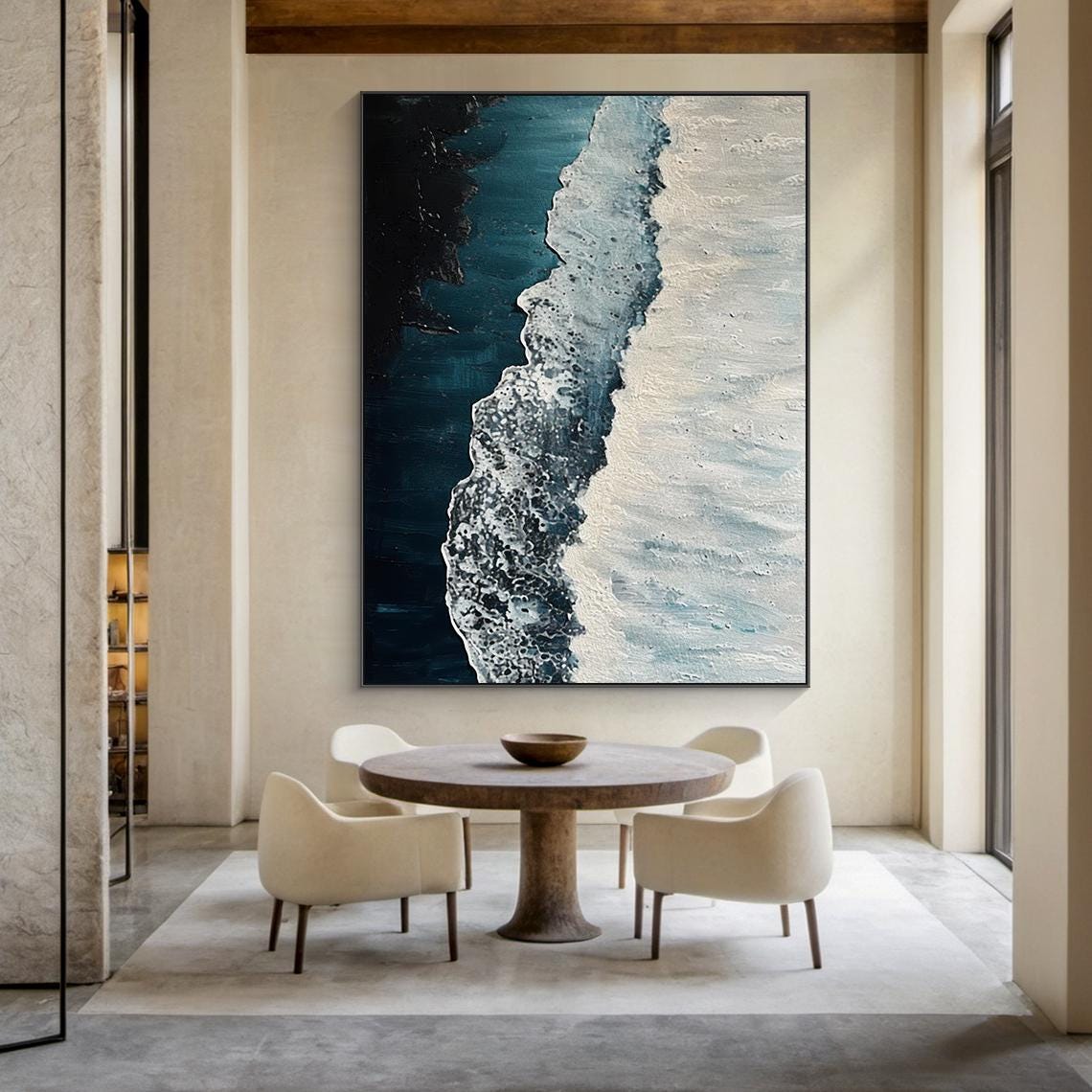 Dark Blue Ocean Aerial White Sand Shore Oil Painting Vertical Poster