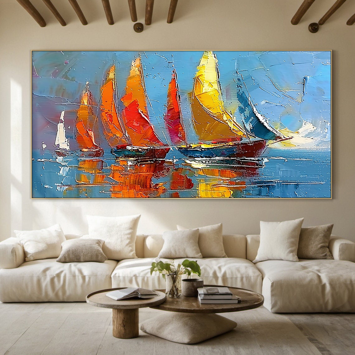 Bright Colorful Sailboats Sails Blue Sea Impasto Regatta Poster