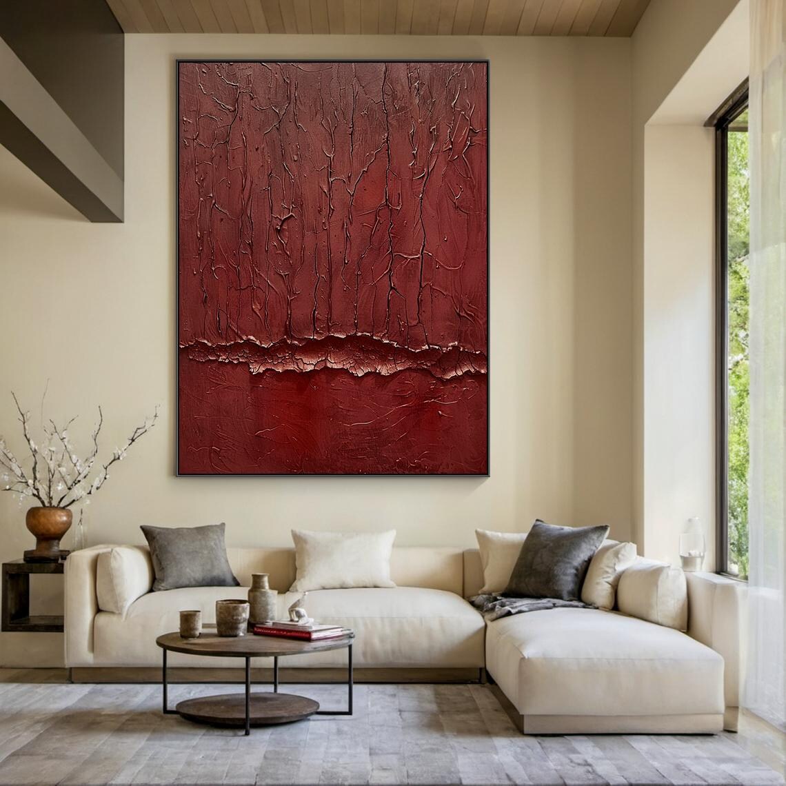 Wine Red Cracked Texture Abstract Impasto Moody Large Living Room Poster - Image 6