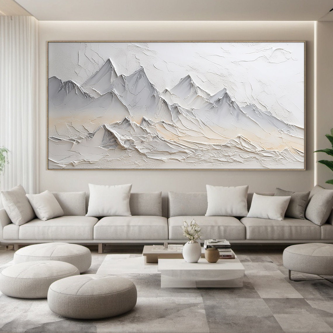 White Grey 3D Mountain Relief Warm Peach Glow Modern Serene Wall Art - Image 4