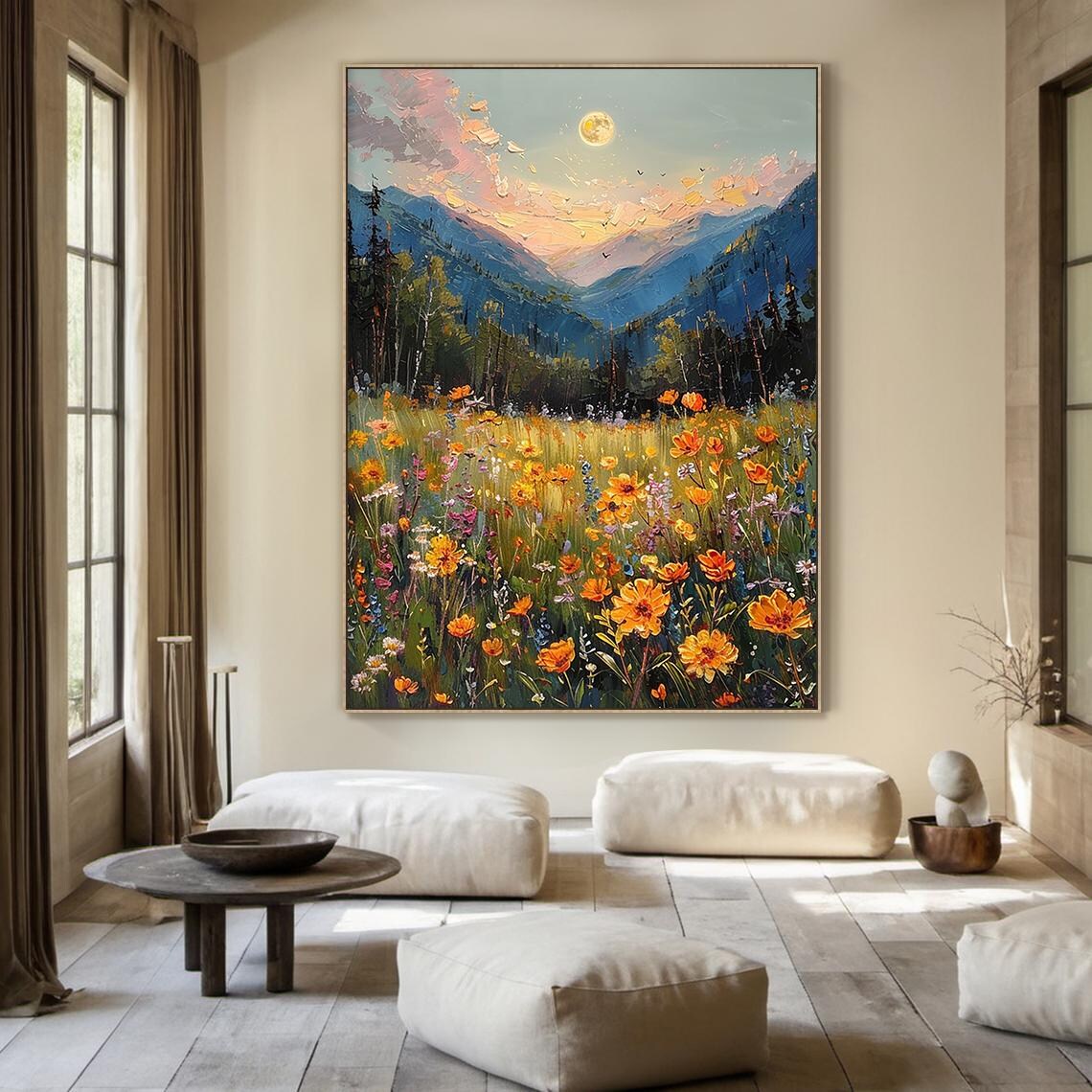 Wildflower Meadow Mountain Landscape Painting Sunset Floral Art Poster - Image 5