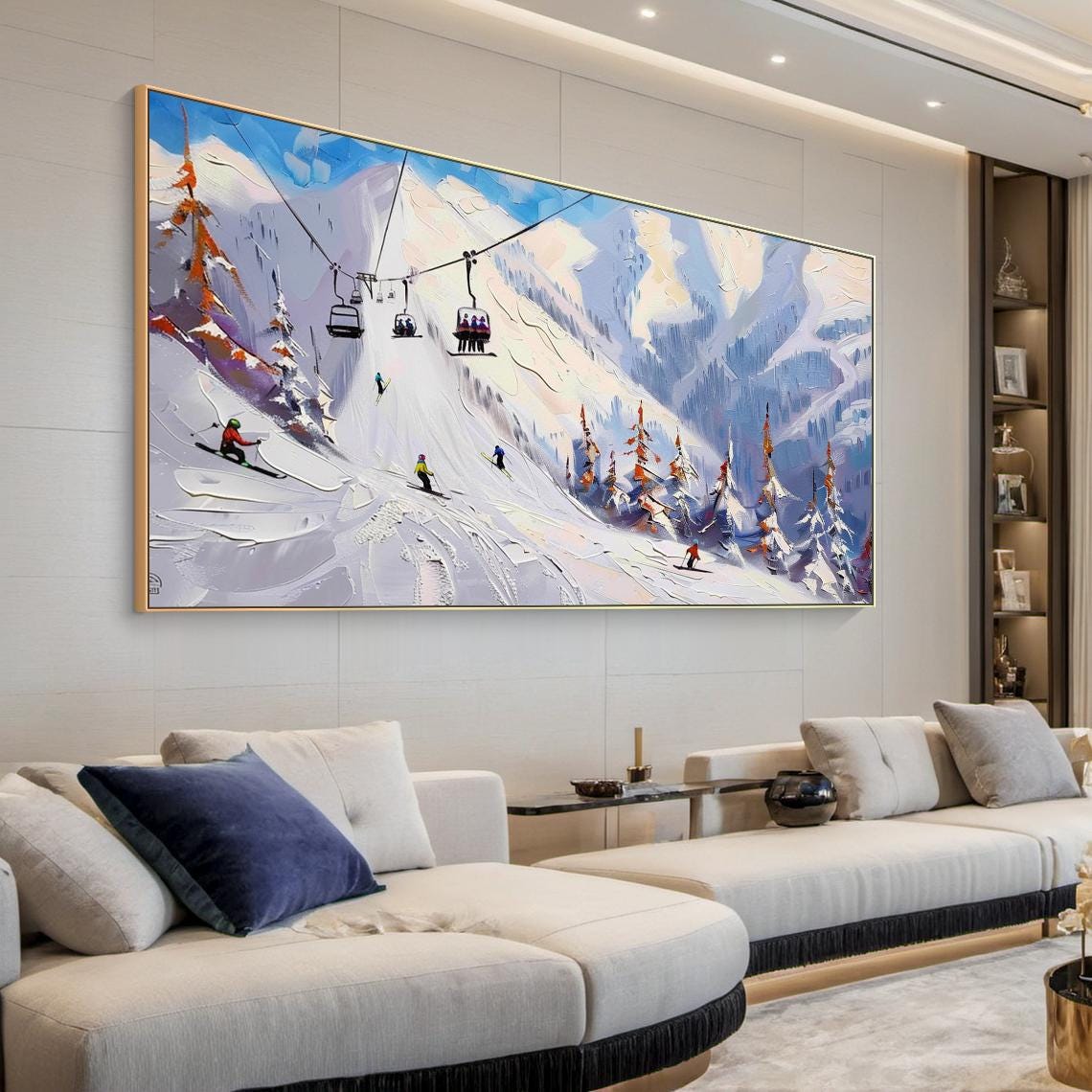 Original 3d Ski Sport Art Plaster Style Textured Wall Art Gift For Skiers White Skis And Cable Car Painting Modern Skier Painting - Image 5