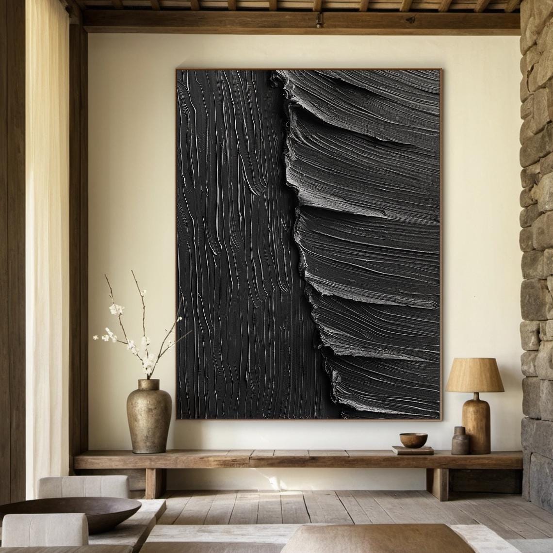 Black 3D Textured Abstract Painting Wave Flow Modern Wall Art Poster