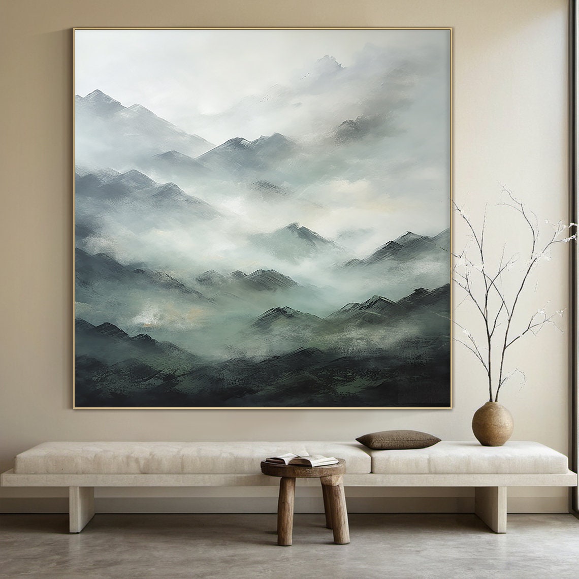 Large Green Abstract Mountains Oil Painting On 3d Textured Mountains Landscape Painting Modern Nature Living Room Wall Art - Image 3