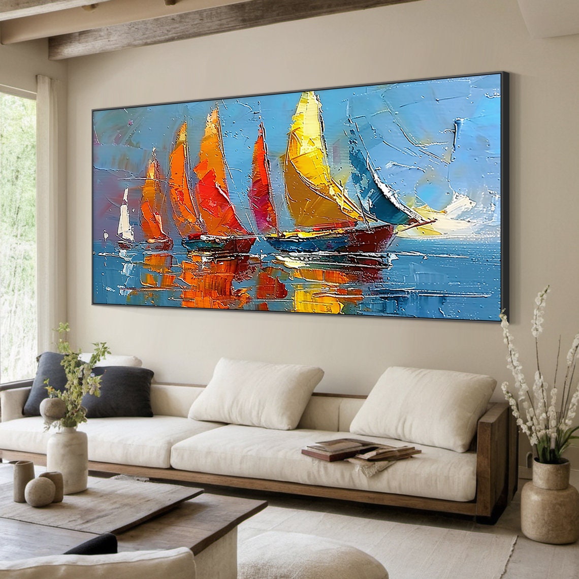 Bright Colorful Sailboats Sails Blue Sea Impasto Regatta Poster - Image 5