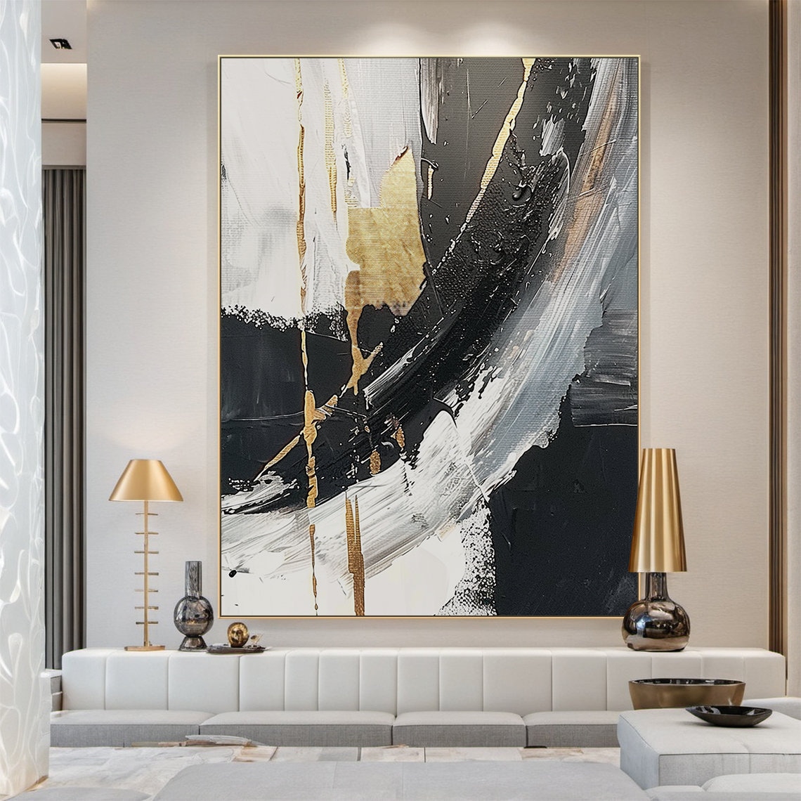 Black and White Abstract Oil Painting, Office Art Print