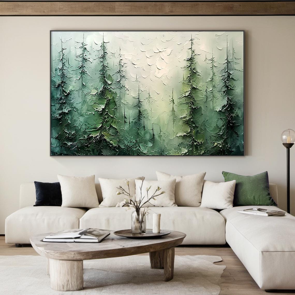 Misty Green Pine Forest Impasto Textured Serene Woodland Art Poster - Image 3