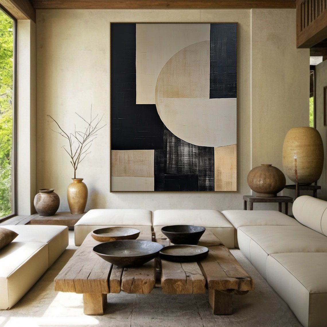 Black Cream Beige Geometric Circle Abstract Modern Canvas Poster - Image 4