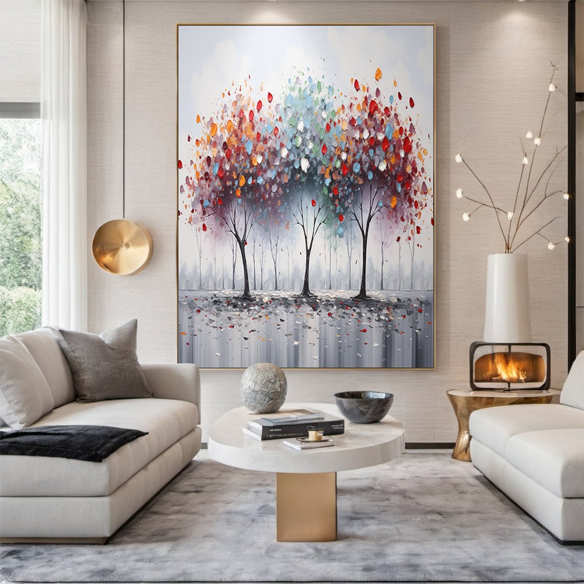 Colorful Palette Knife Flower Trees Red Blue Abstract Art Poster - Image 2