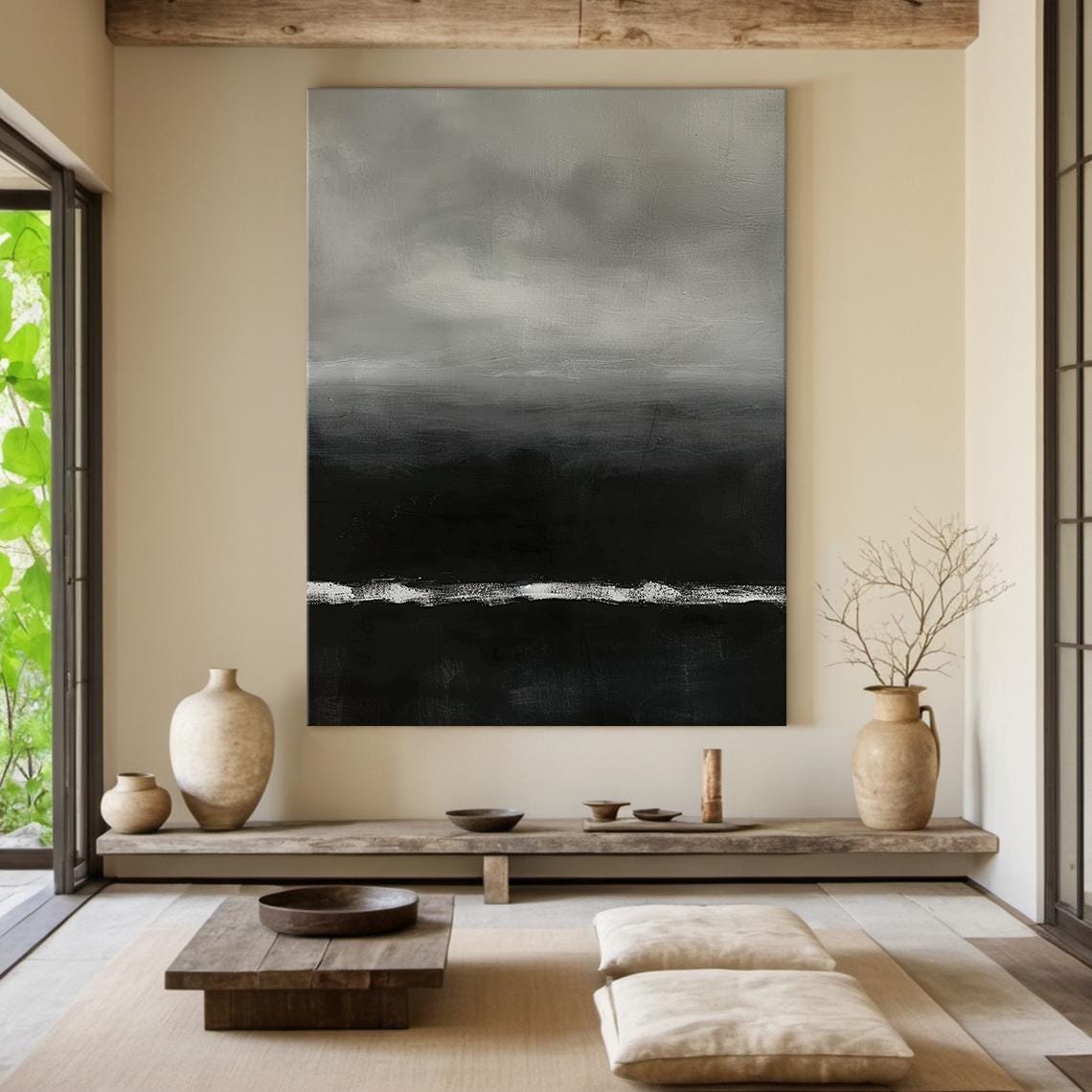 Grey Black Abstract Painting White Horizon Line Moody Modern Wall Art - Image 5