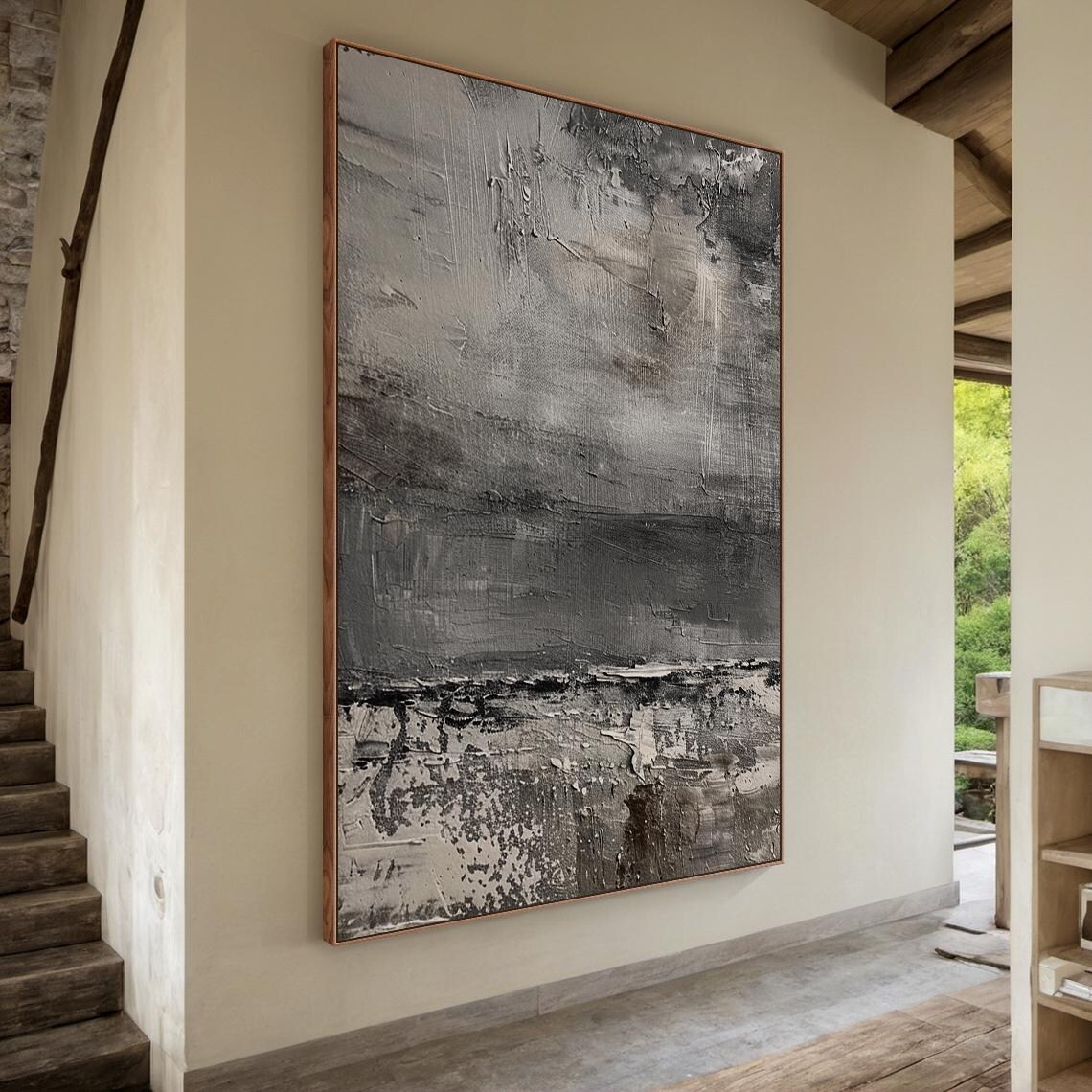 Grey Abstract Painting Textured Horizon Band Modern Wall Art Poster - Image 4