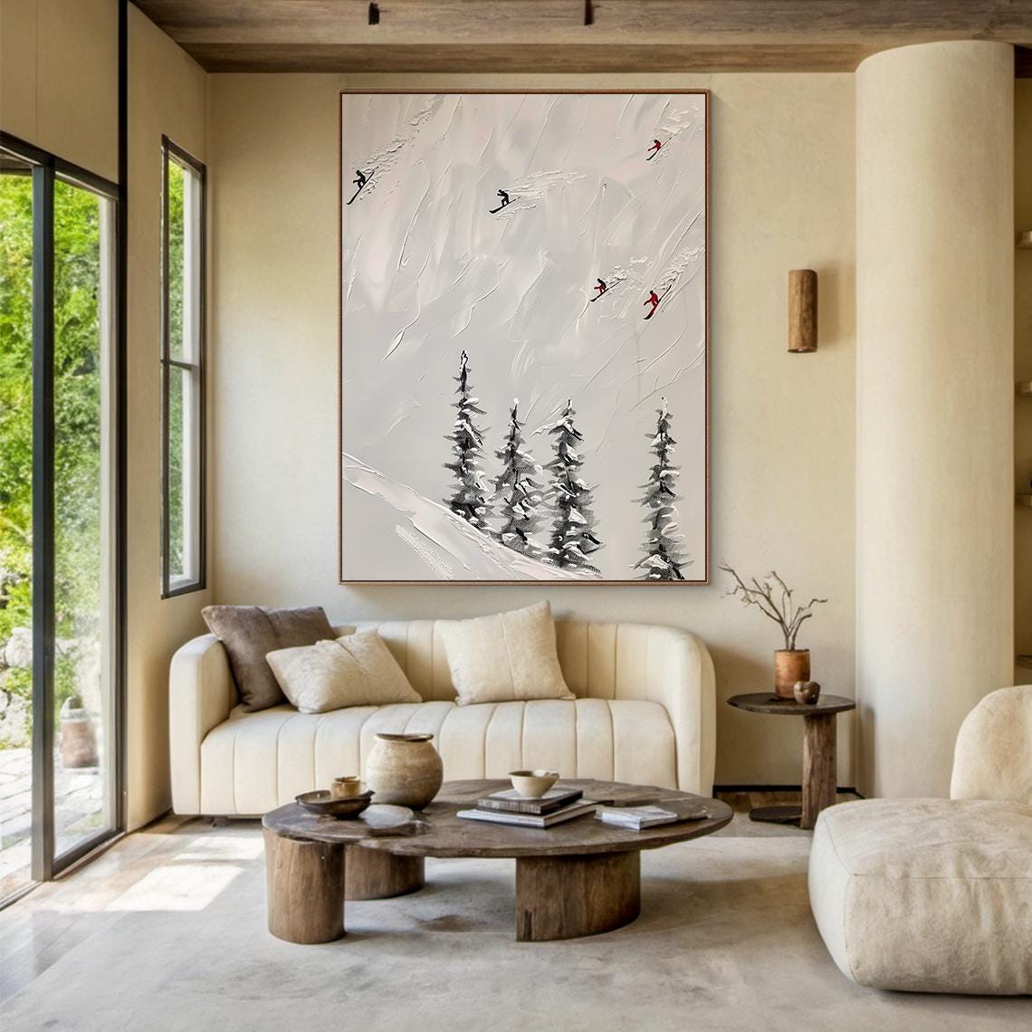 Beige Ski Oil Painting Decoration Painting Original Skier Gift Beige Abstract Ski Art Modern Home Wall Decoration - Image 3